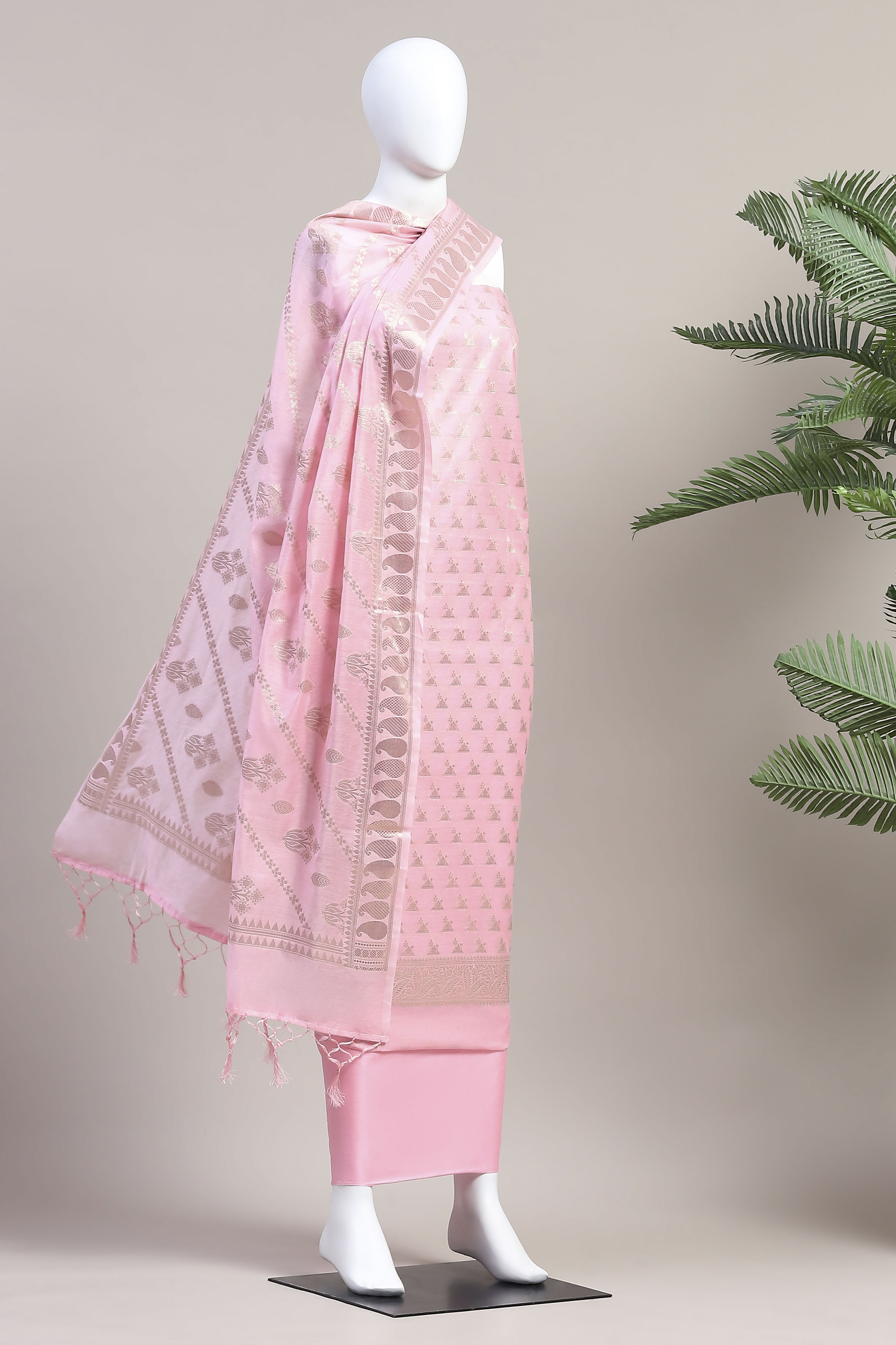 Blue Poly Silk Banarasi Unstitched Suit Set image number 4