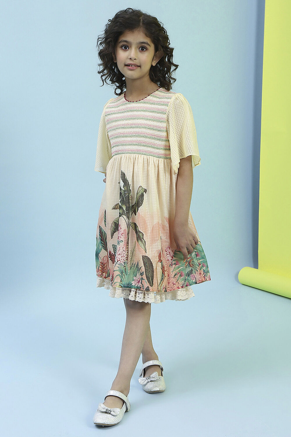 Beige Printed Gathered Dress image number 5