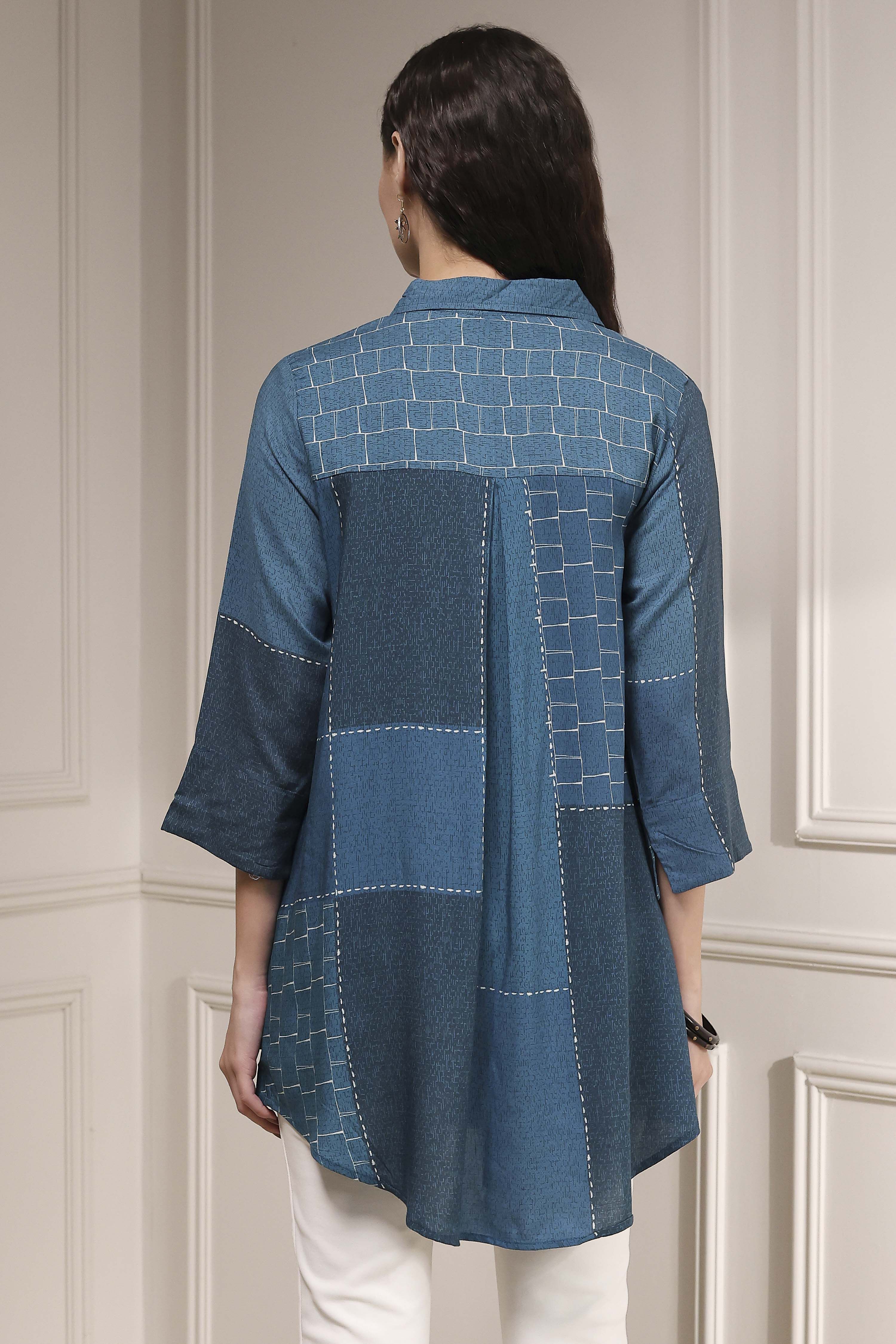 Blue Printed Straight Shirt image number 3