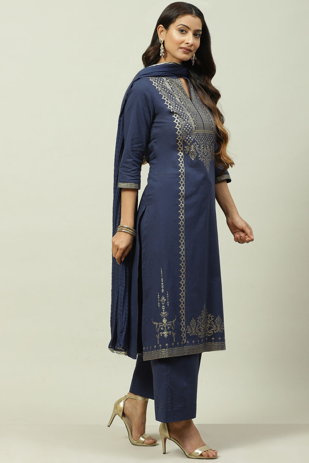 Mustard Printed Cotton Straight Kurta Palazzo Suit Set image number 6
