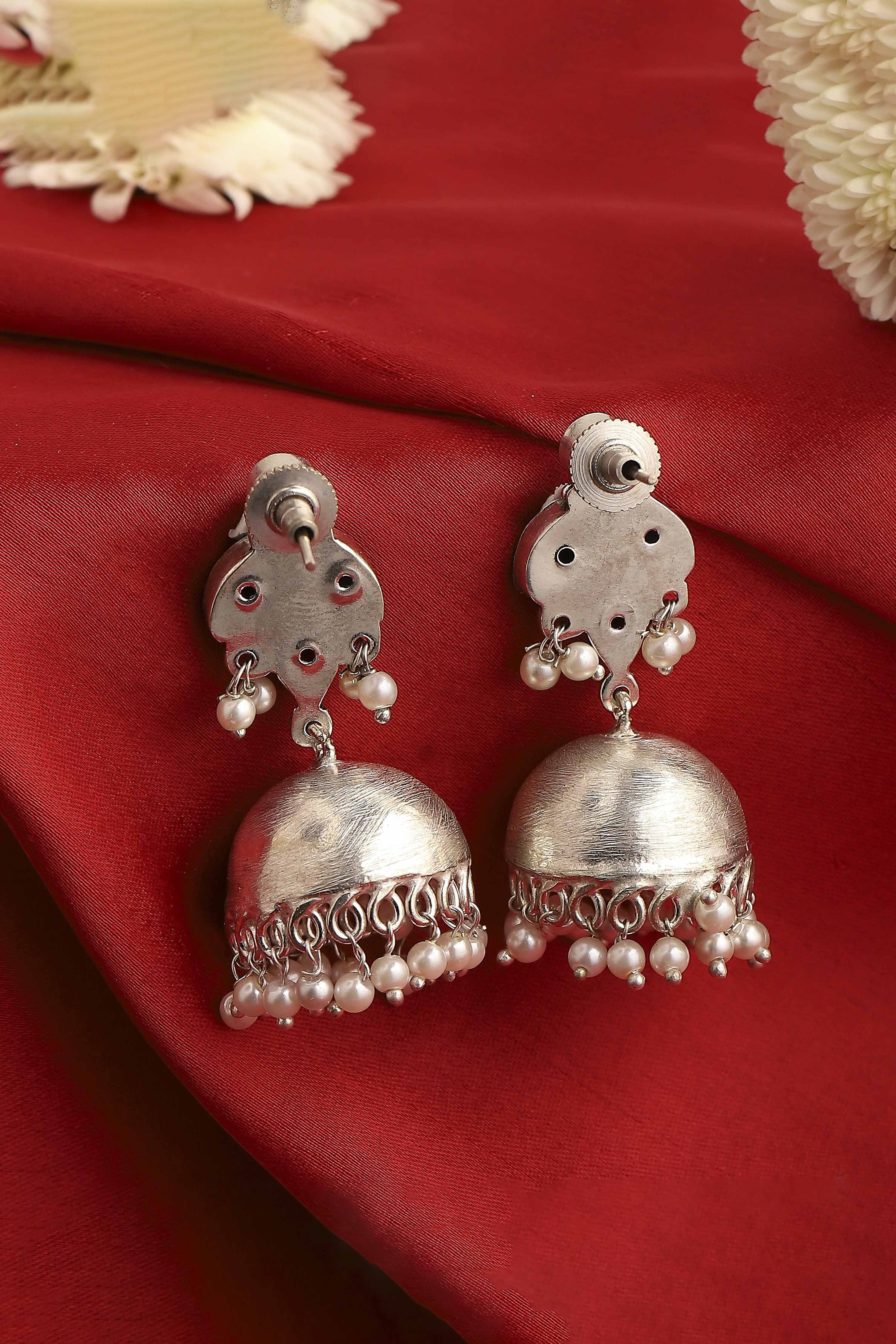 Multicoloured Oxidised Brass Studded Jhumkas image number 2