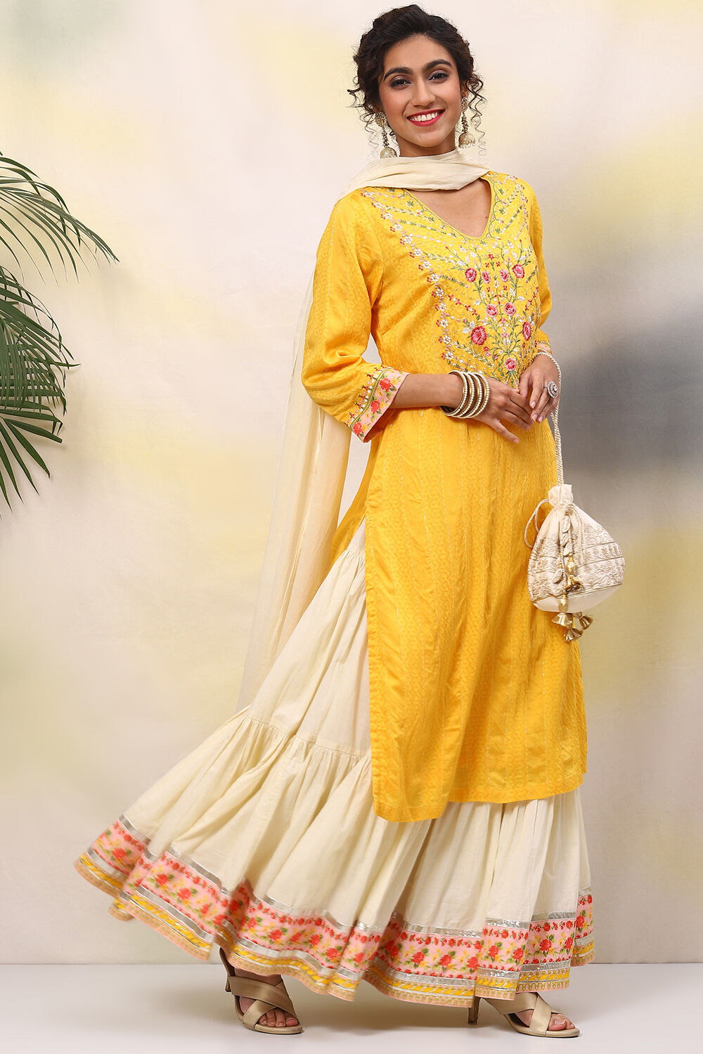 Yellow Viscose Straight Kurta Skirt Suit Set image number 6