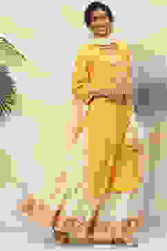 Yellow Viscose Straight Kurta Skirt Suit Set image number 6