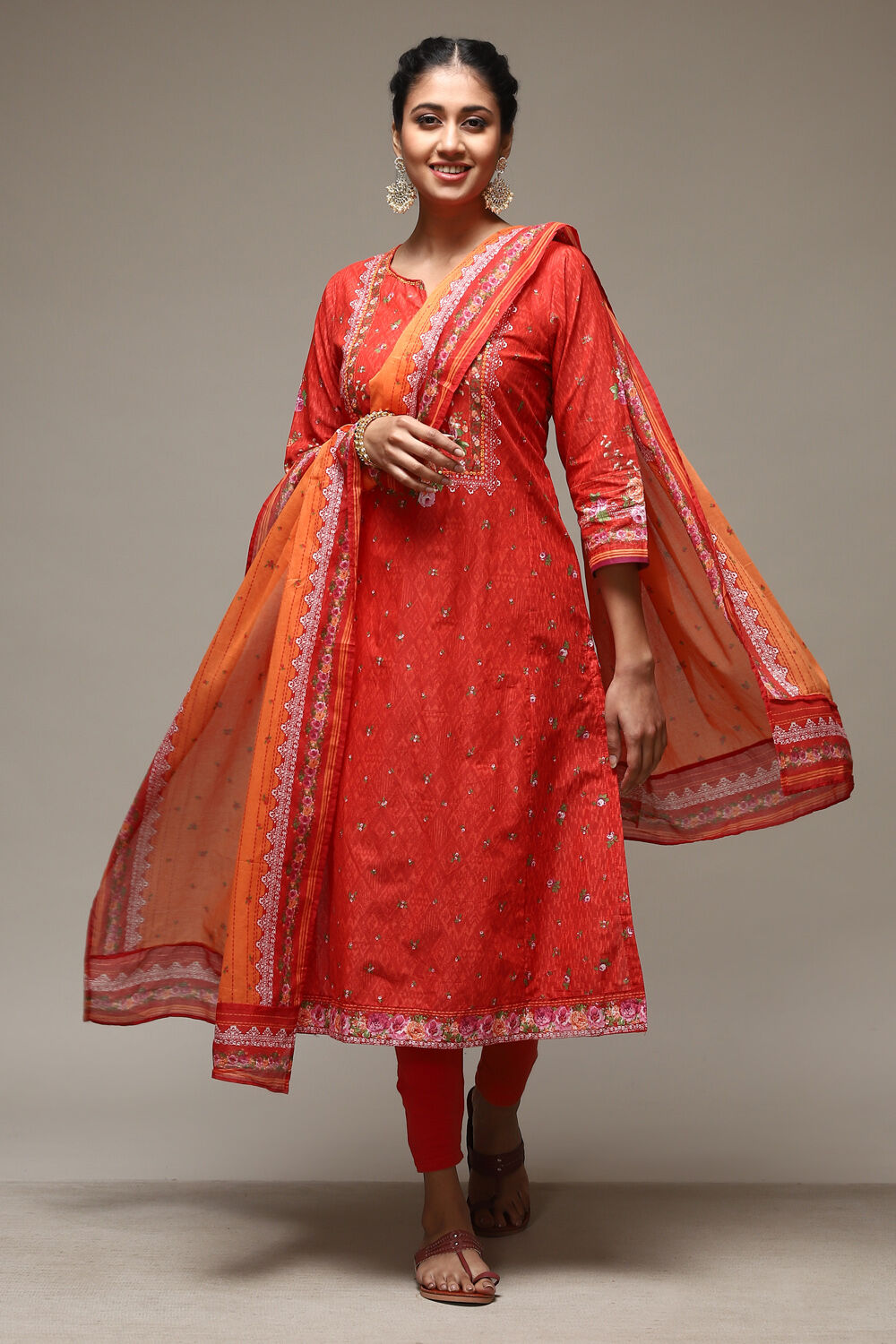 Red Cotton Kalidar Kurta Churidar Suit Set image number 0