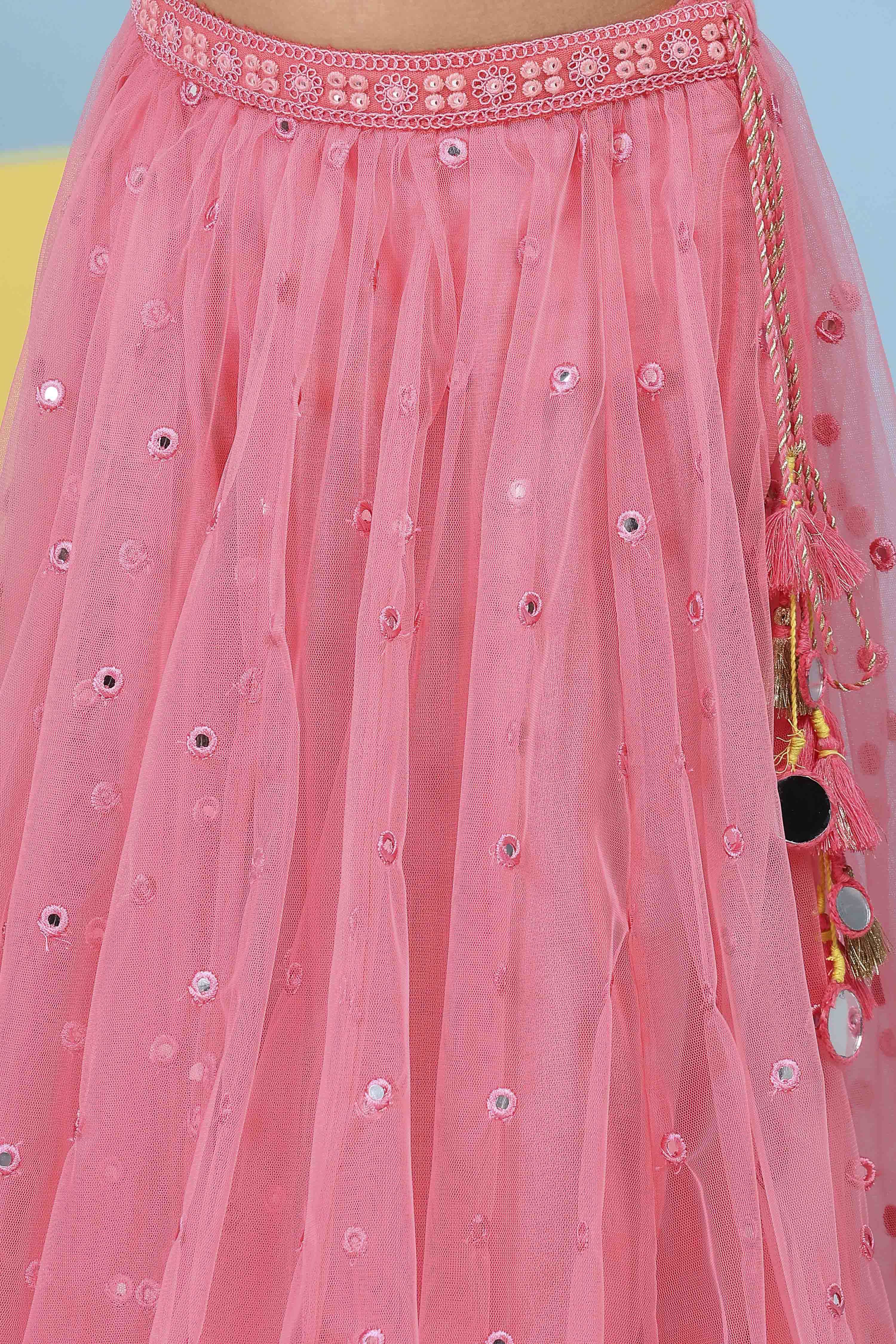 Pink Cotton Mirror Work Embroidered Lehenga Set image number 2