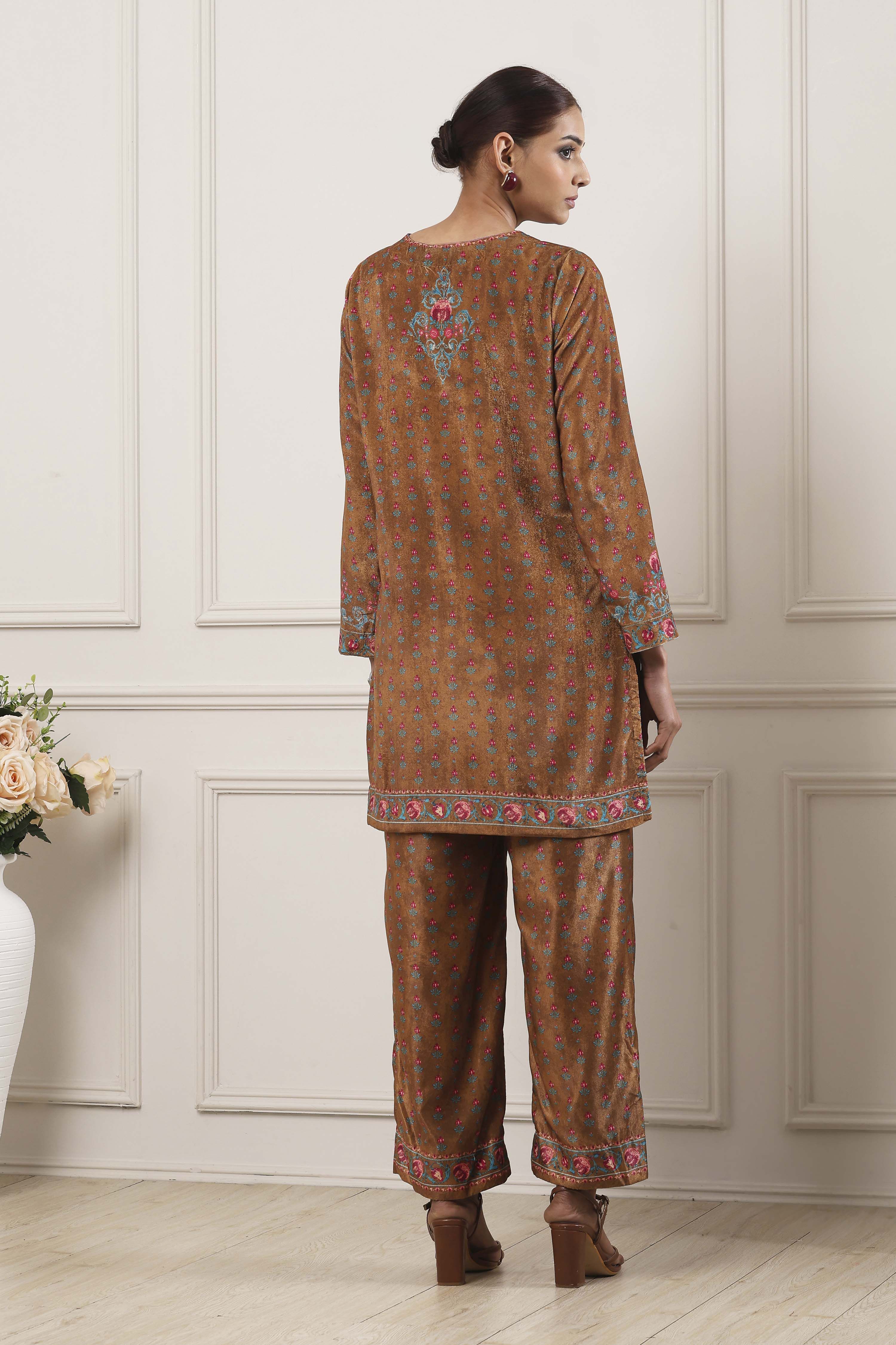 Ochre Yellow Polyester Printed Kurta Pants Set image number 4