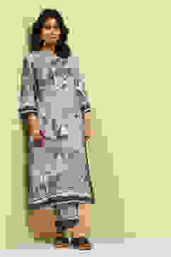 Grey Floral Printed Shantoon Kurta Pants Set image number 6