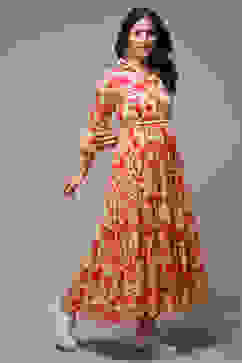 Beige Cotton Tiered Printed Dress image number 4