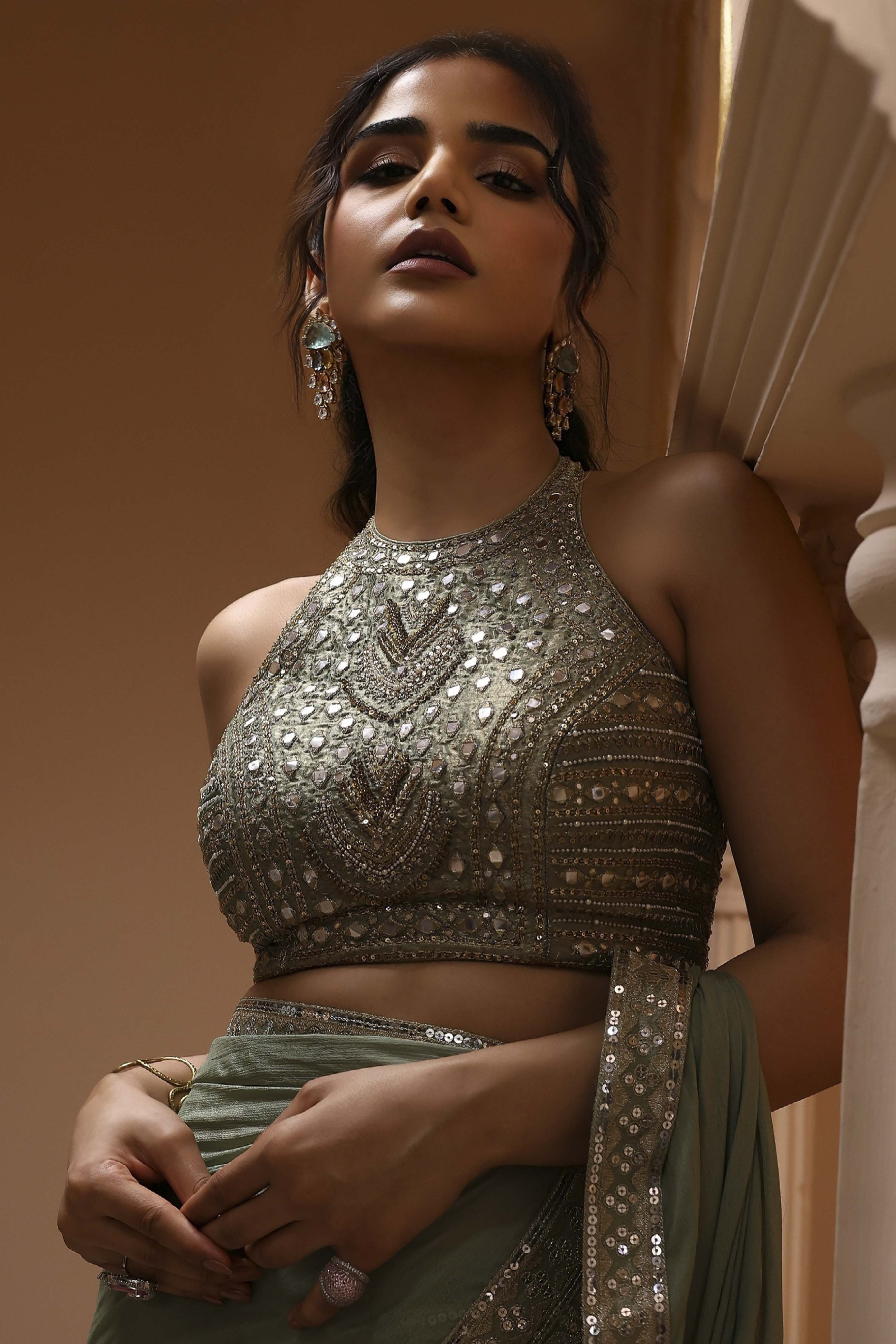Sage Green Pure Chinnon Pre-Draped Saree image number 5