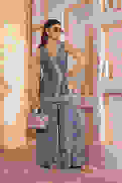 Blue Chanderi Front Open Printed Co-ord Set image number 6