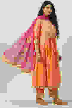 Orange Pink Cotton Silk Flared Kurta Palazzo Suit Set image number 6