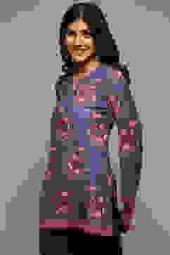 Denim Blue Cotton Blend Printed Kurti image number 2