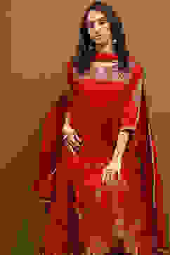 Red Cotton Embroidered Tiered Anarkali Suit Set image number 7