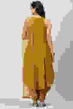 Mustard Art Silk Asymmetric Kurta Dhoti Salwar Suit Set image number 4