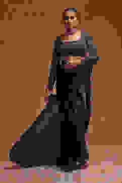 Black Poly Satin Fitted Embroidered Pre-Draped Saree image number 0