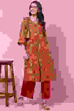 Red Cotton Flared Kurta Set image number 6