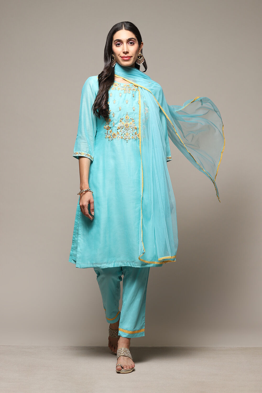Turquoise Yarndyed A-Line Kurta Regular Pants Suit Set image number 0