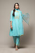 Turquoise Yarndyed A-Line Kurta Regular Pants Suit Set image number 0