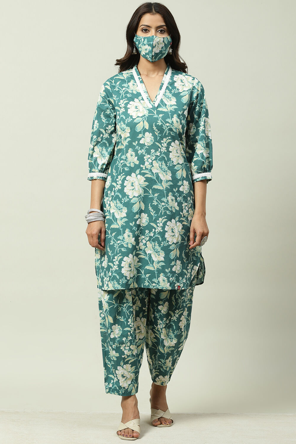 Teal Cotton Straight Kurta Set image number 7