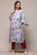 Powder Blue Cotton Floral Printed Straight Kurta