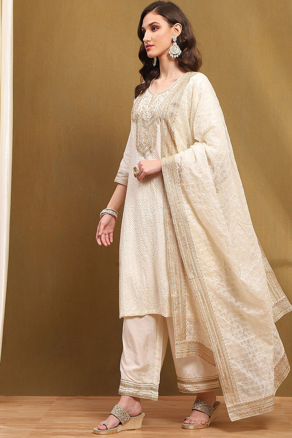 Off-White Silk Embroidered Festive Straight Suit Set image number 3