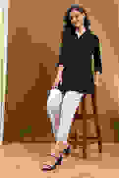 Black Solid Shirt Collar Straight Short Kurti image number 0