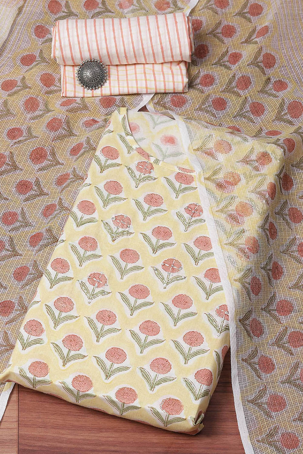Yellow Cotton Hand Block Print Unstitched Suit Set image number 0