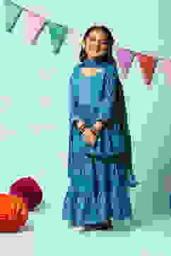 Teal Blue Cotton Flared Kurta Garara Suit Set image number 7