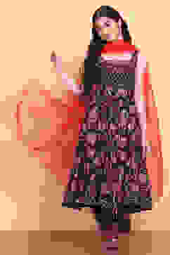 Black Floral Printed Kalidar Suit Set image number 0