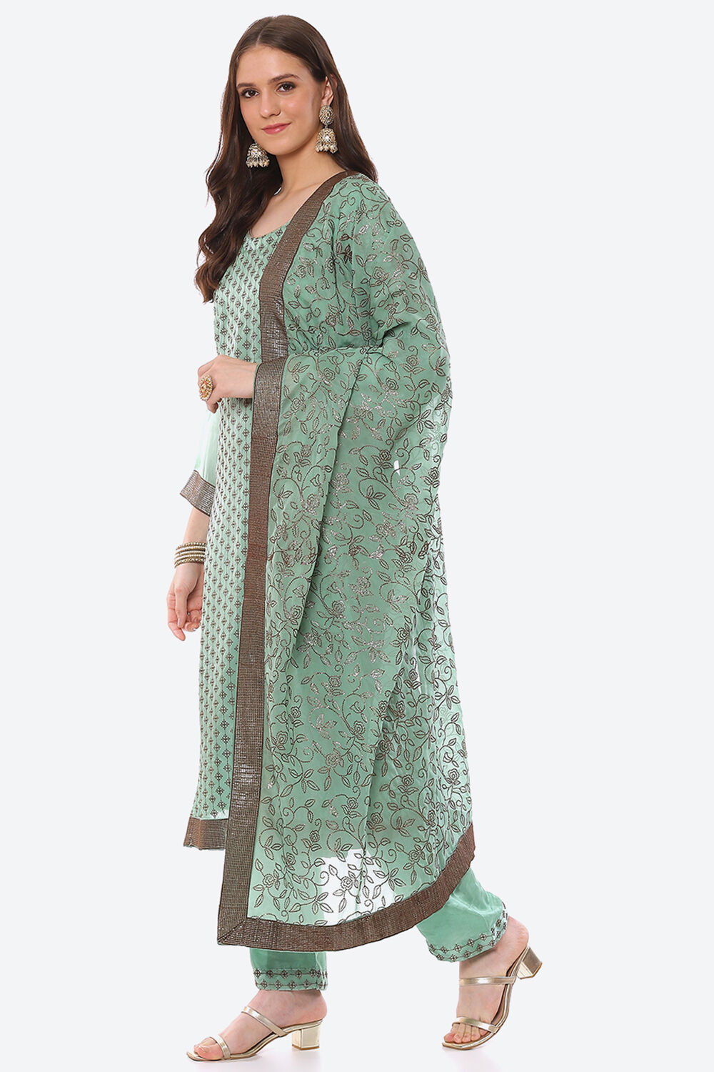 Green Organza Satin Unstitched Suit Set image number 6