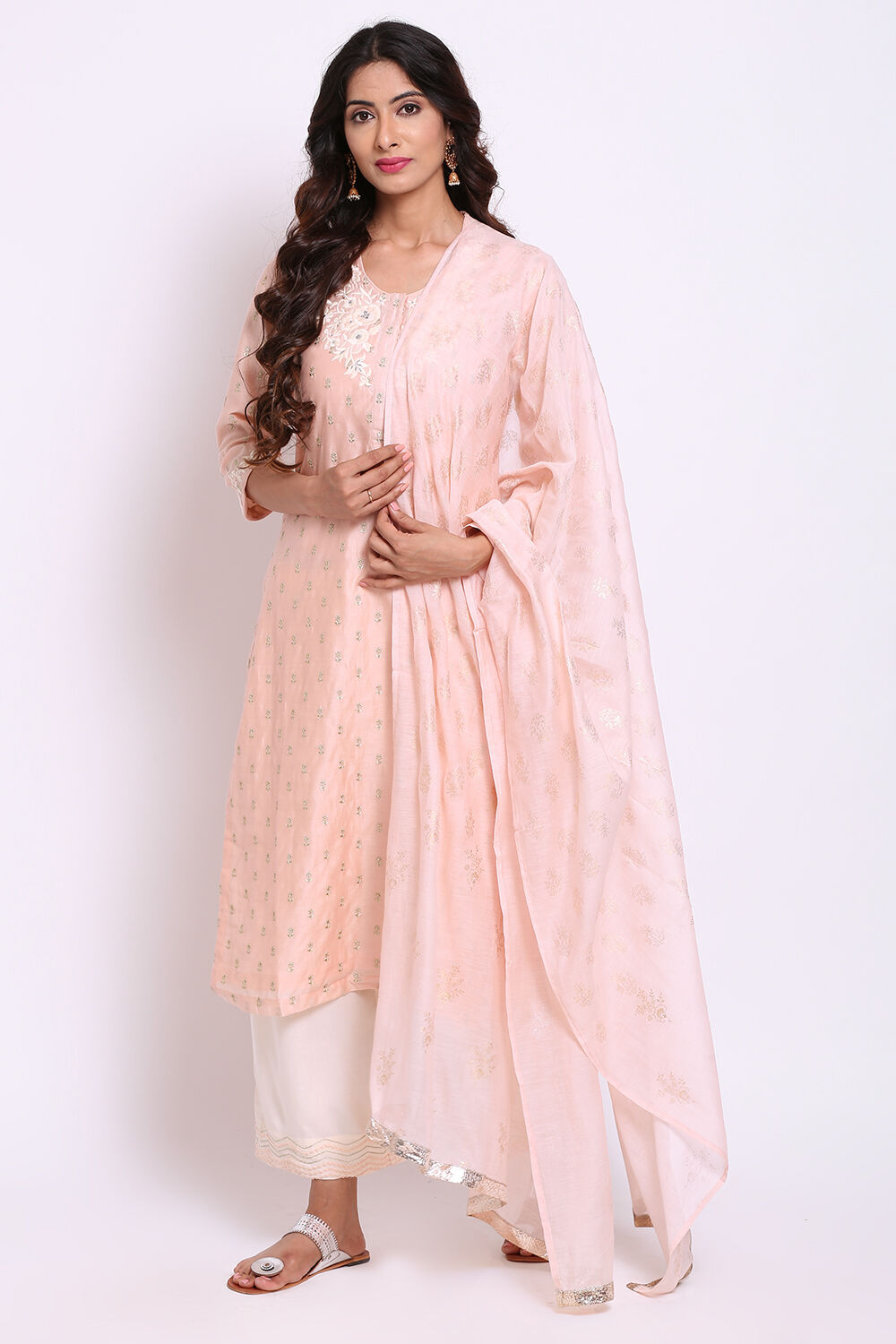 Peach Cotton Silk Straight Kurta Palazzo Suit Set image number 2