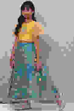 Yellow Art Silk Top With Flared Lehenga Set image number 5