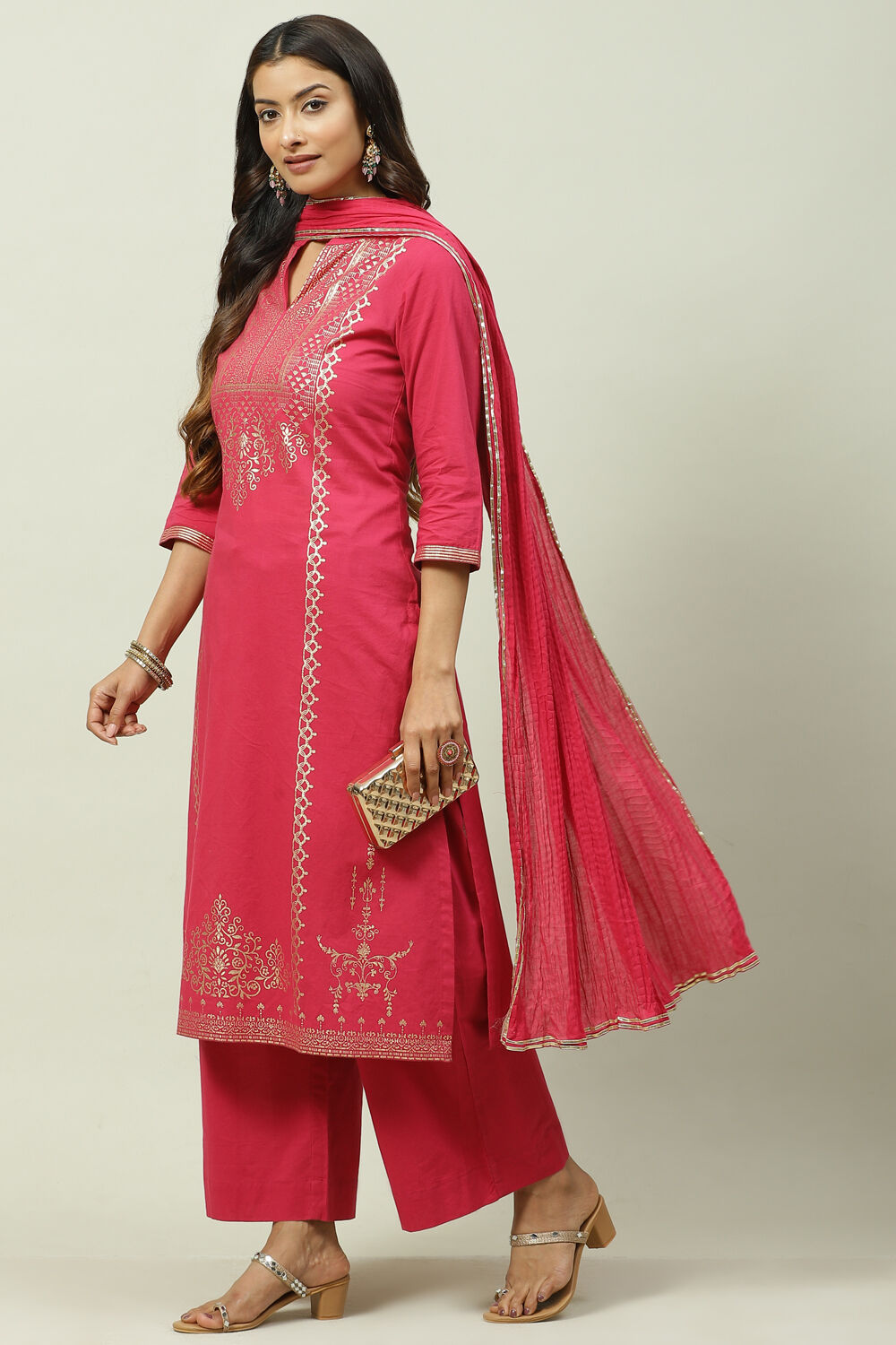 Mustard Printed Cotton Straight Kurta Palazzo Suit Set image number 7