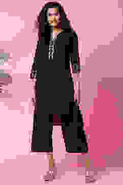 Black Cotton Flax Straight Kurta Pants Set image number 0