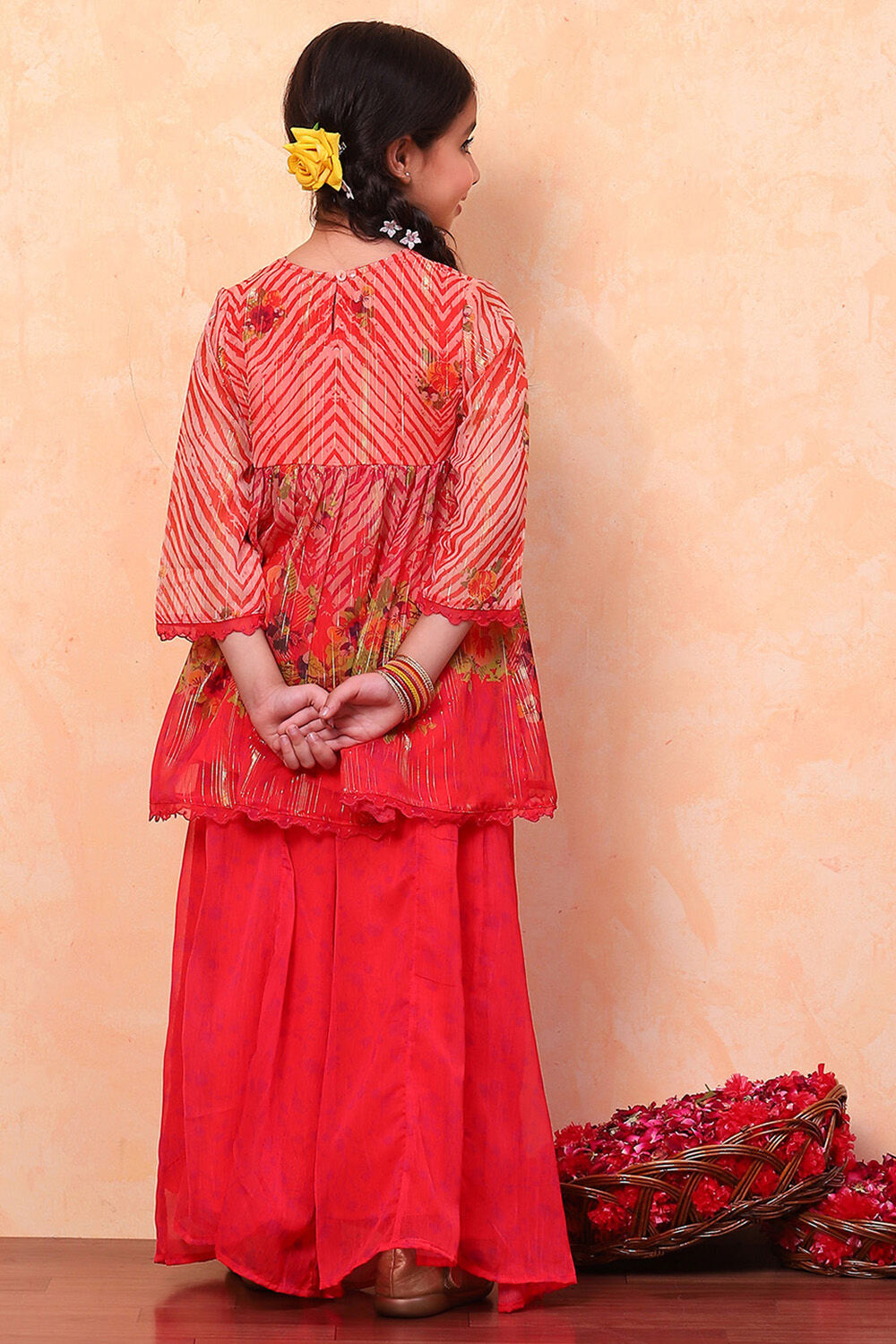 Coral Chiffon Floral Printed Festive Gathered Suit Set image number 4