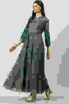 Teal Cotton Flared Printed Dress image number 2