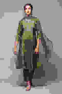 Mehandi Green Viscose Kalidar Kurta Slim Pants Suit Set image number 0