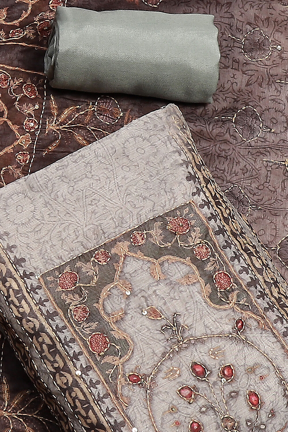 Grey Chanderi Hand Embroidered Unstitched Suit Set image number 1