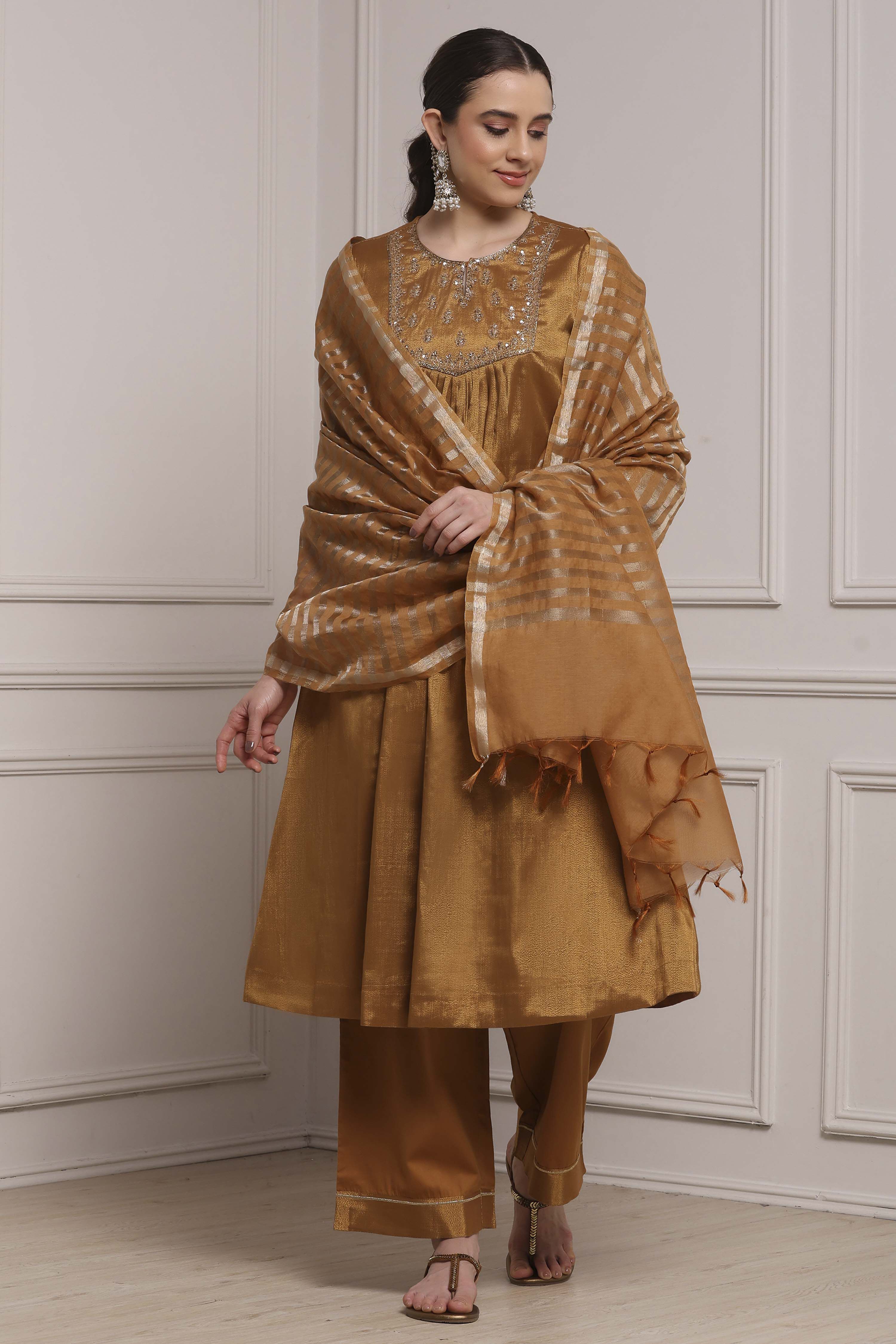 Copper Gold Cotton Tissue Embroidered Gathered Suit Set image number 0