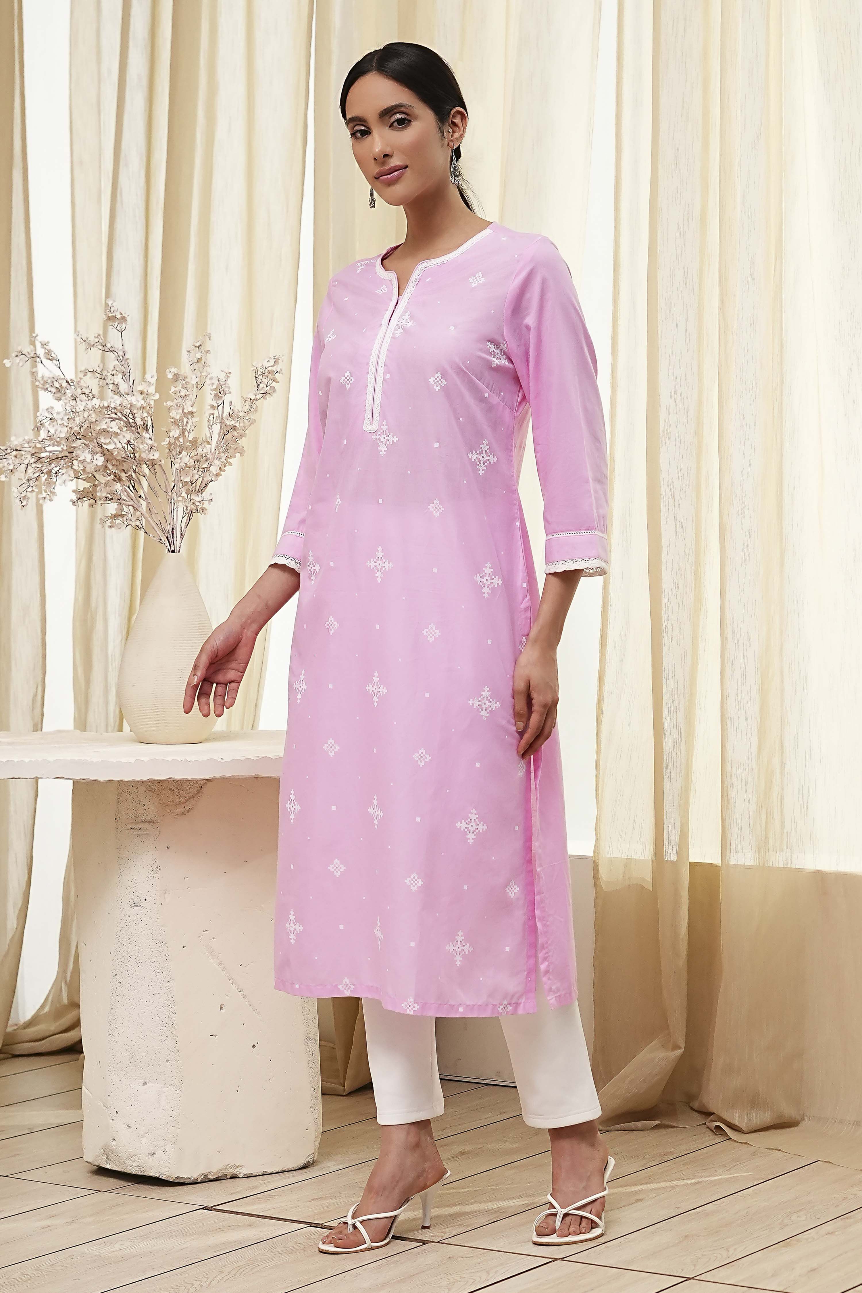 Light Pink Cotton Straight Kurta image number 2
