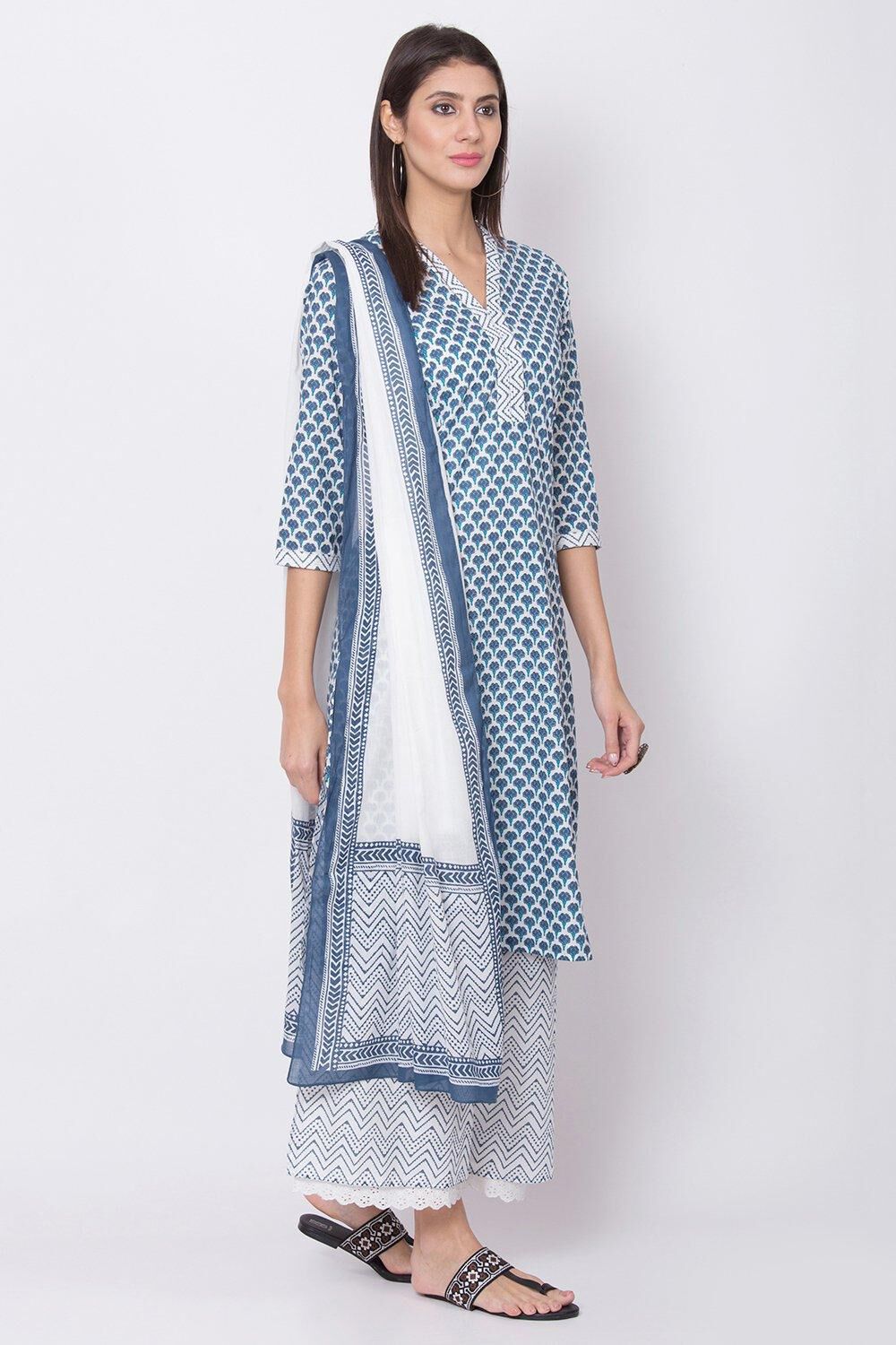 Blue Printed Straight Kurta Palazzo Suit Set image number 3