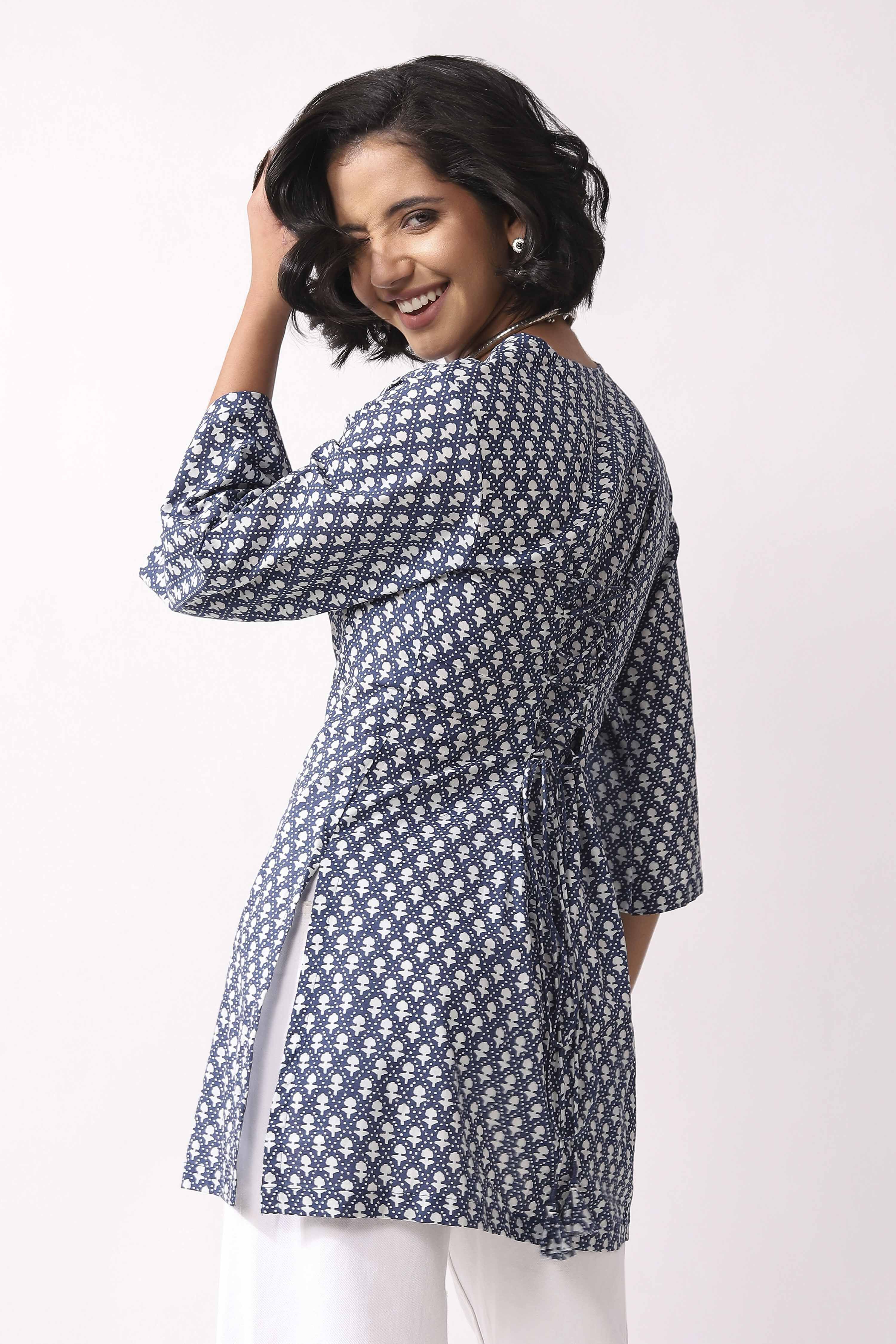 Indigo Cotton Ethnic Motif Print Lace-Up Kurti image number 3