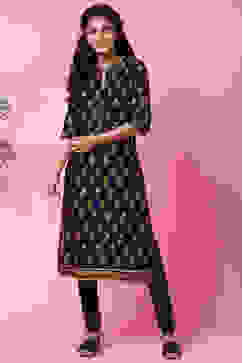 Black Cotton Kurta Churidar Set image number 3