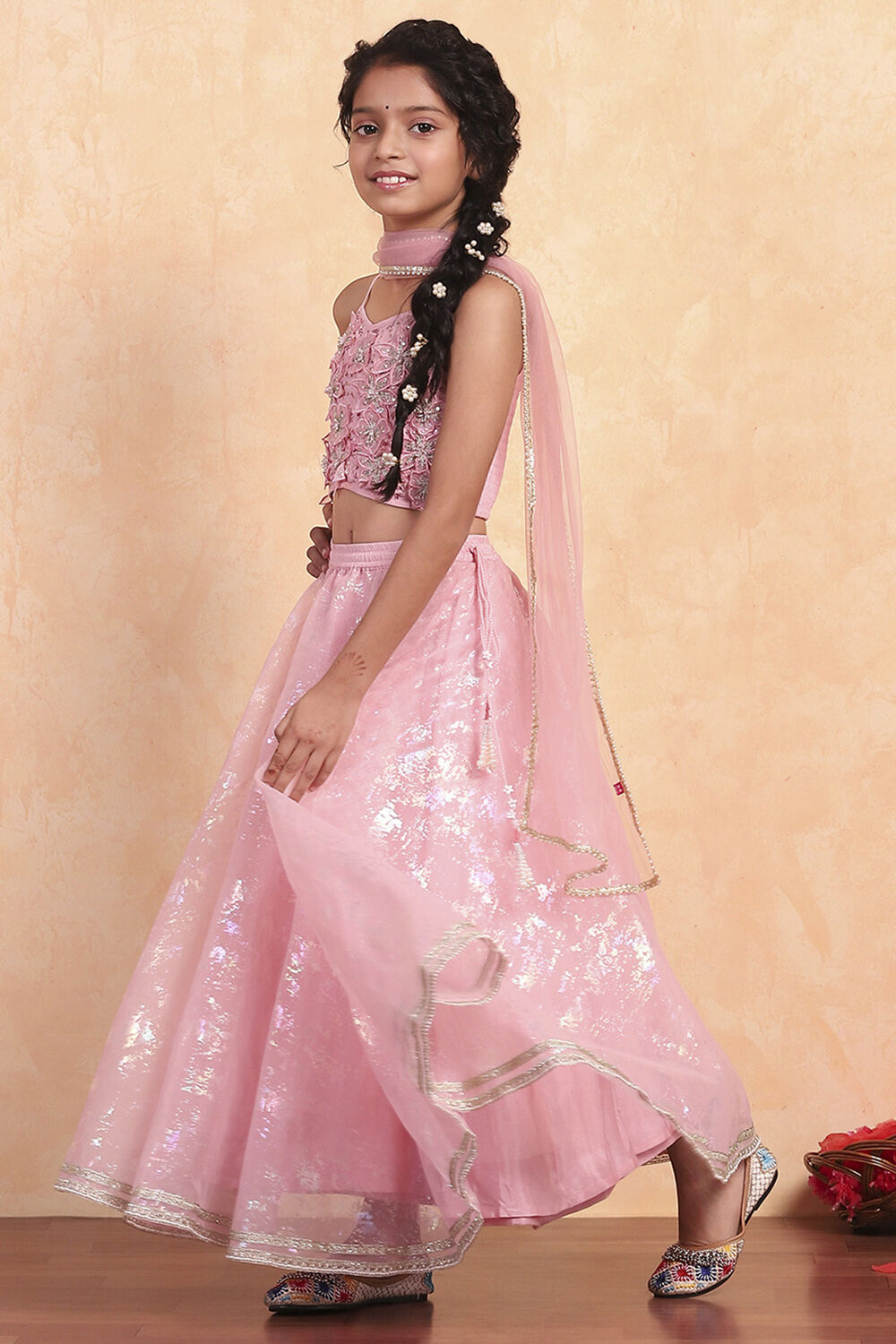 Pastel Pink Shantoon Blouse Lehenga Set image number 3