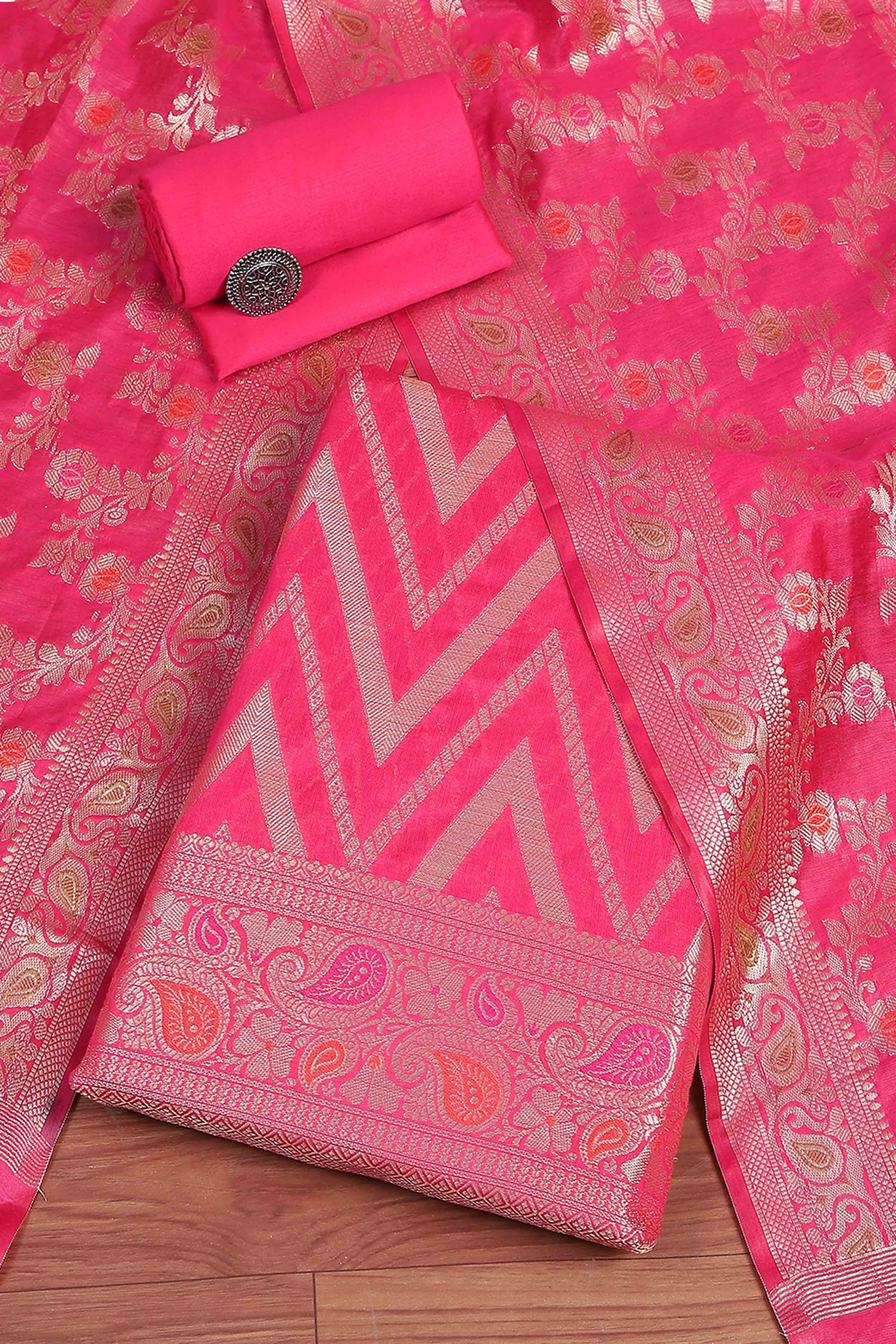 Hot Pink Poly Cotton Banarasi Unstitched Suit Set image number 0