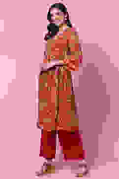 Red Cotton Flared Kurta Set image number 3