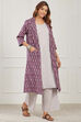 Grey & Purple Cotton 3-Piece Kurta Set With Ikkat Jacket image number 5