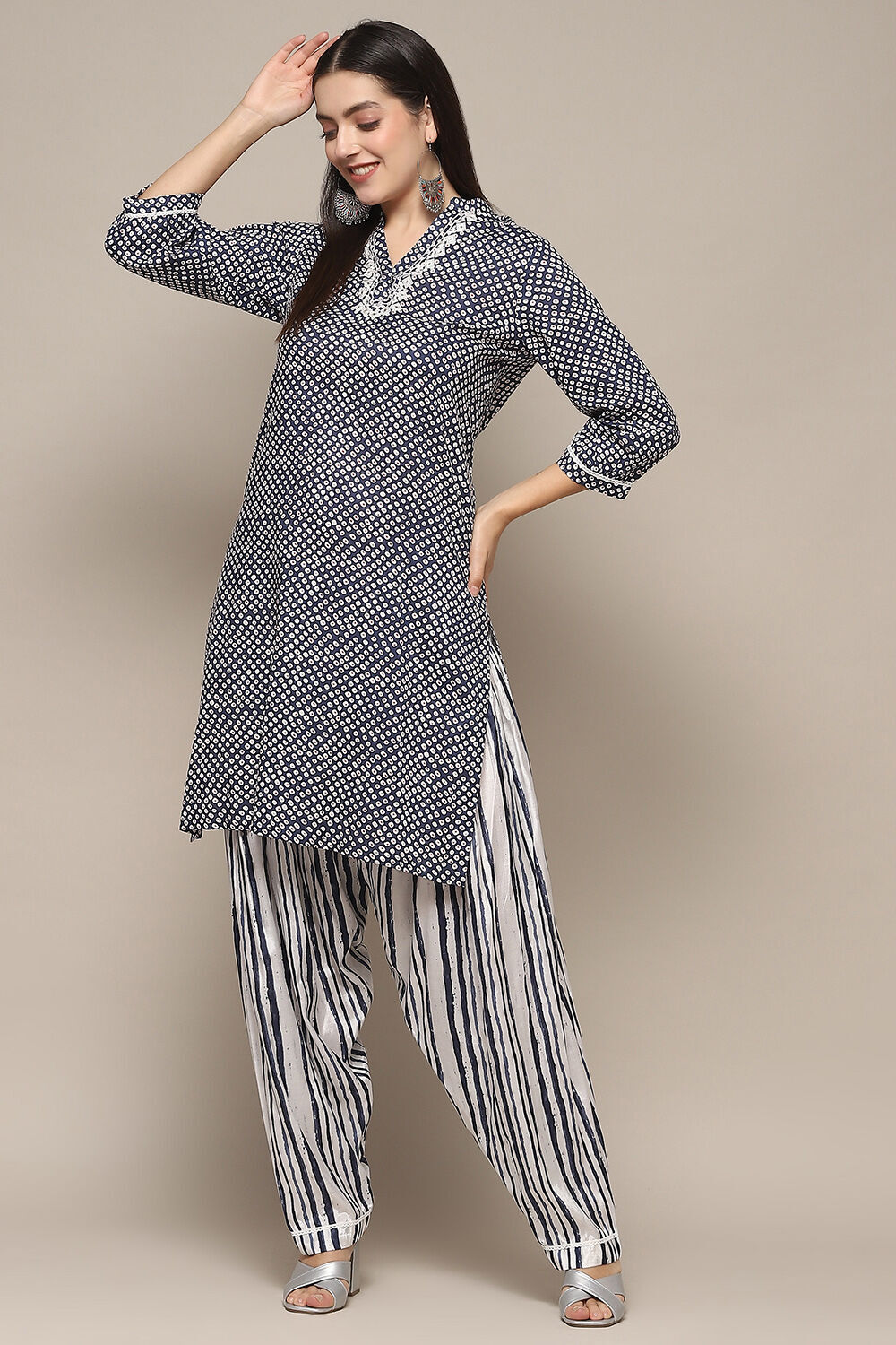 Navy Modal Straight Kurta Cross Yoke Salwar Suit Set image number 0
