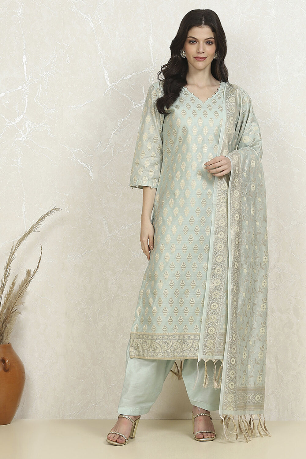 Blue Cotton Printed Embroidered Unstitched Suit Set image number 7