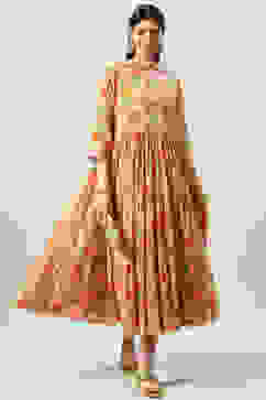 Peach Cotton Flared Kurta Churidar Suit Set image number 7